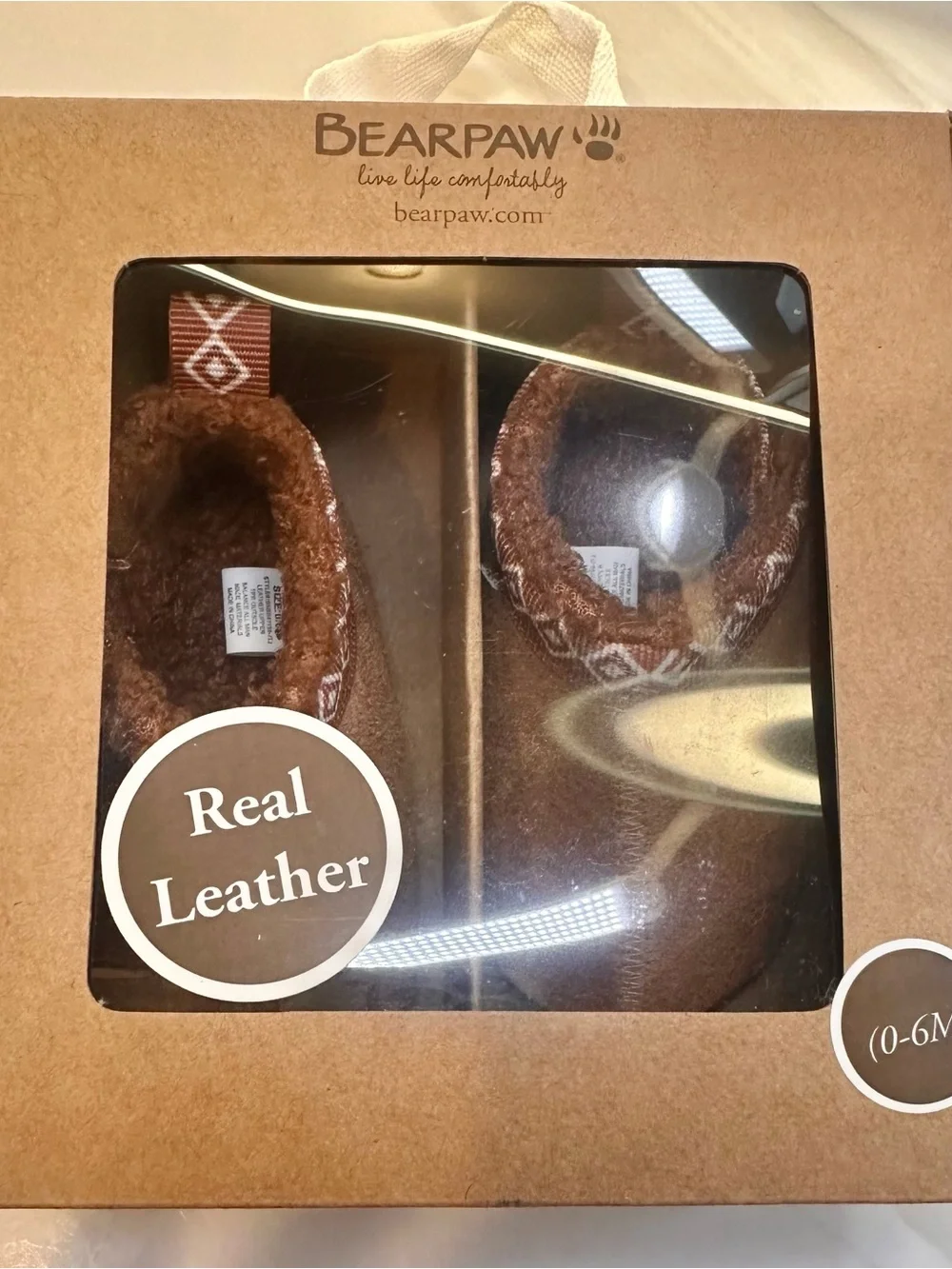 BearPaw Brown Leather Shearling-Lined Infant Slippers - 0-6months